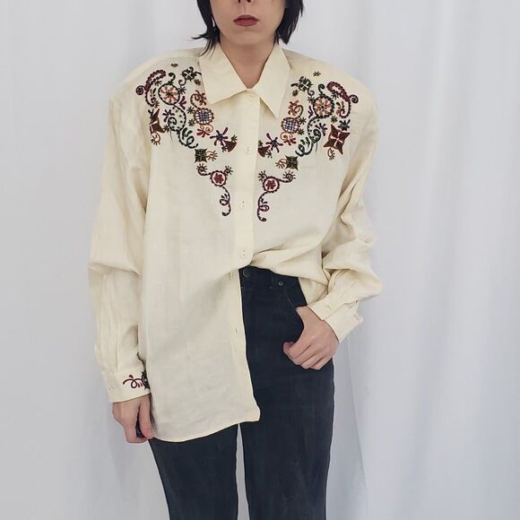 Vintage Tops - 90s Deadstock I.B. Diffusion Linen Beaded Blouse